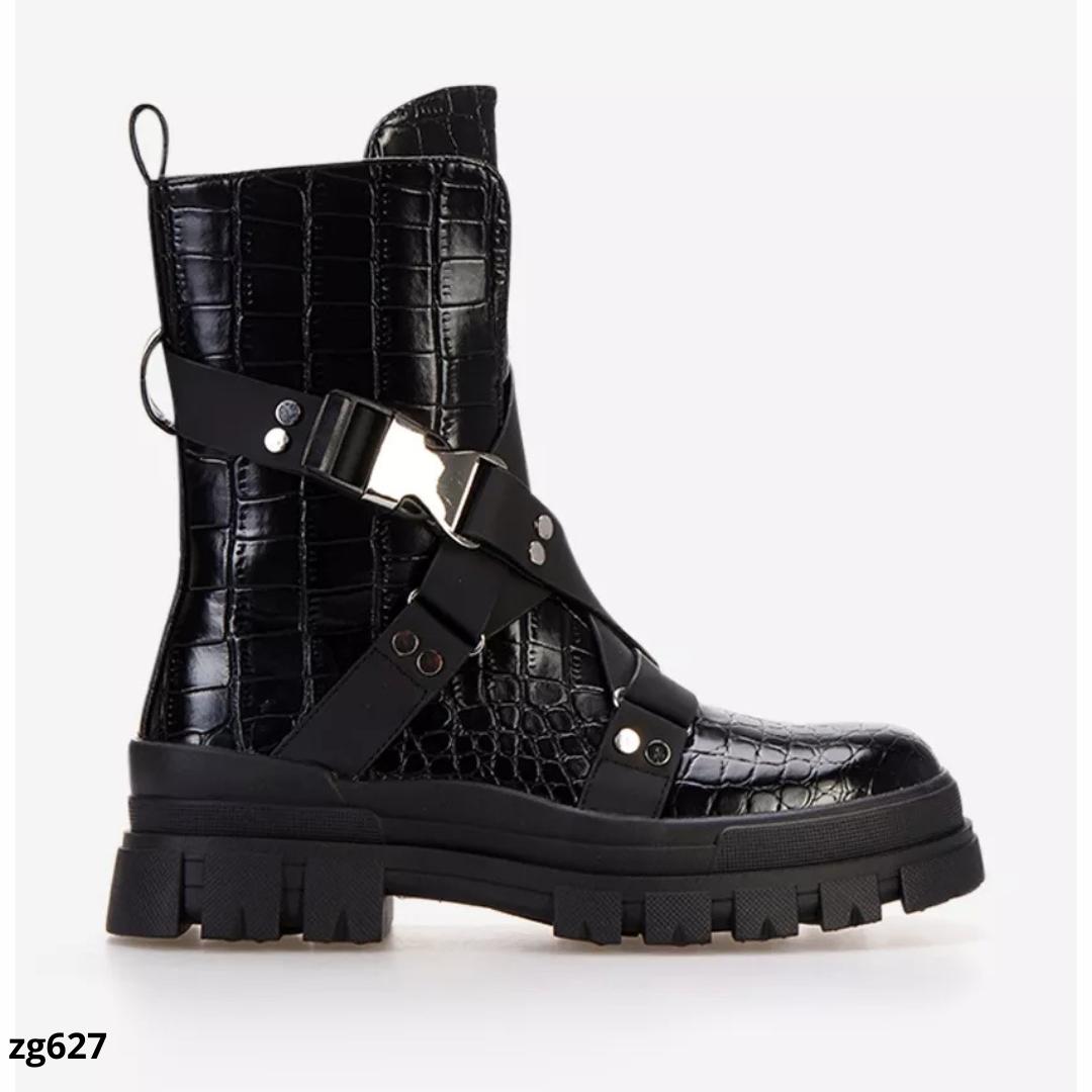 Botin textura negro detalles correas suela 4cm  15822  C-66