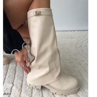 Bota caña alta beige doblez detalle dorado suela 4cm  SM576  C-129