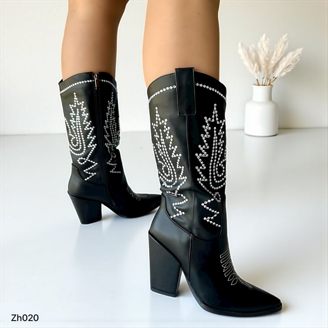 Bota texana negro apliques brillante tacon 10cm   255-006