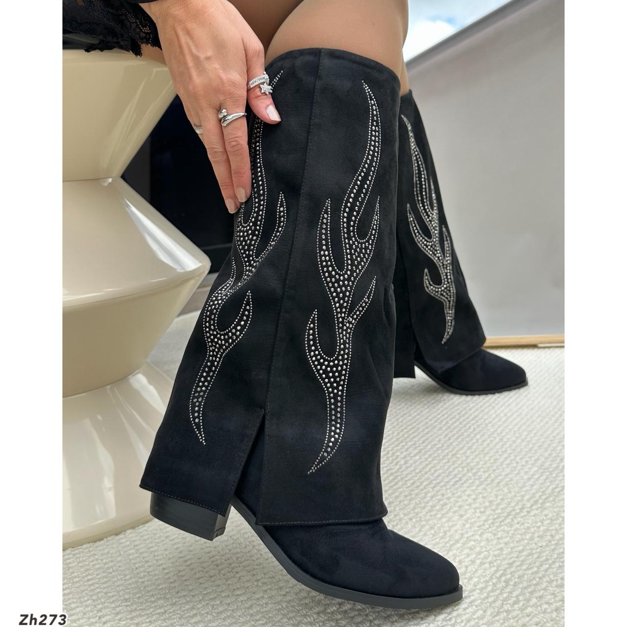 Bota texana negro doblez apliques plateado tacon 6cm  255-075