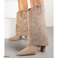 Bota beige doblez apliques brillantes tacon 10cm  MS1569  C-92