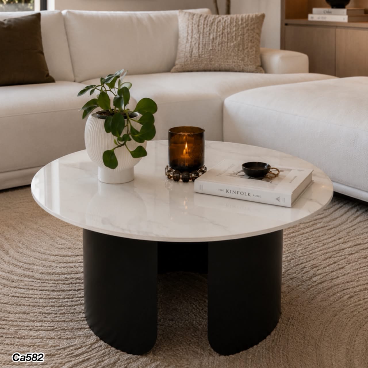 Mesa de centro piedra blanco base metal negro   80cm* 40cm