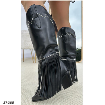 Bota texana negro apliques plateado detalle flecos tacon 8cm  HX3191-B9648