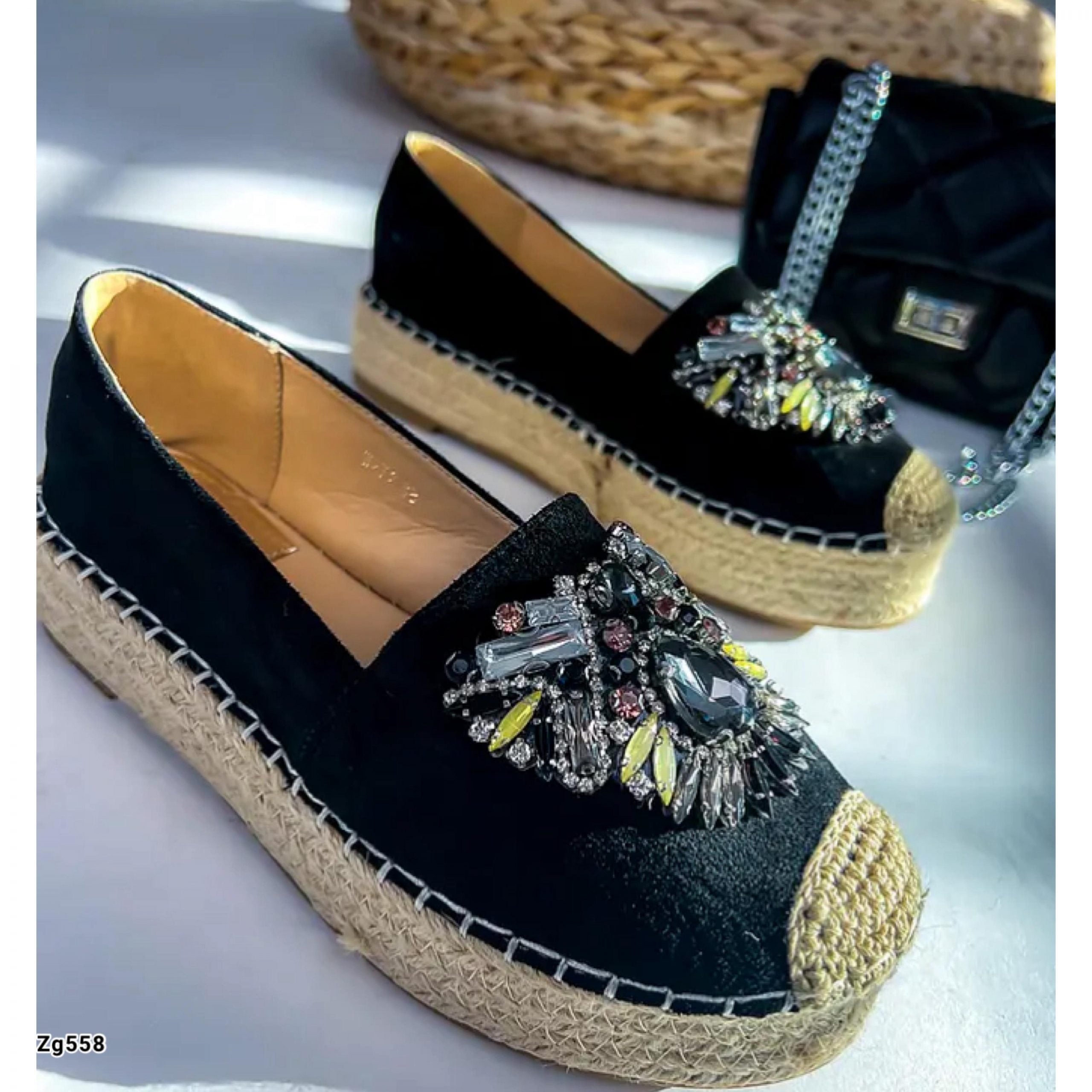 Baleta negro apliques brillantes suela yute 4cm  W272  C-92