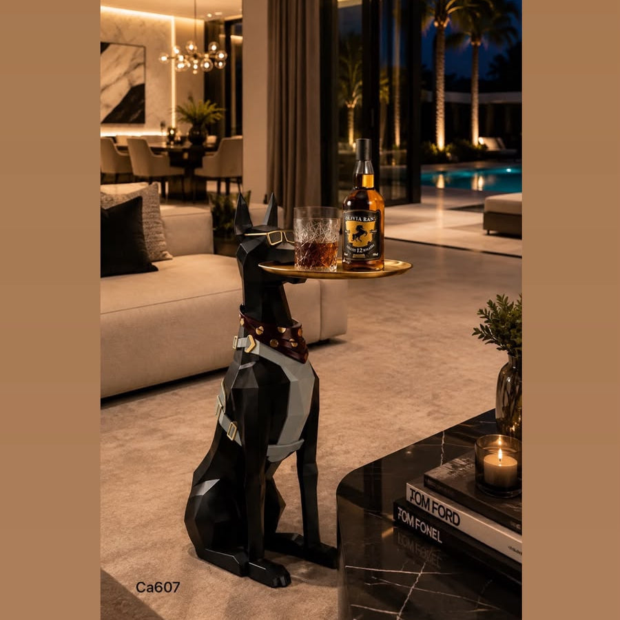 Mesa auxiliar perro doberman negro 22cm* 35cm* 75cm bandeja 30cm