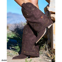 Bota texana café oscuro doblez apliques negro brillantes tacon  8cm  A9589  C-83