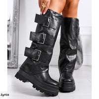 Bota caña alta negro doblez detalle correas plataforma 7cm  RQF2  C-28