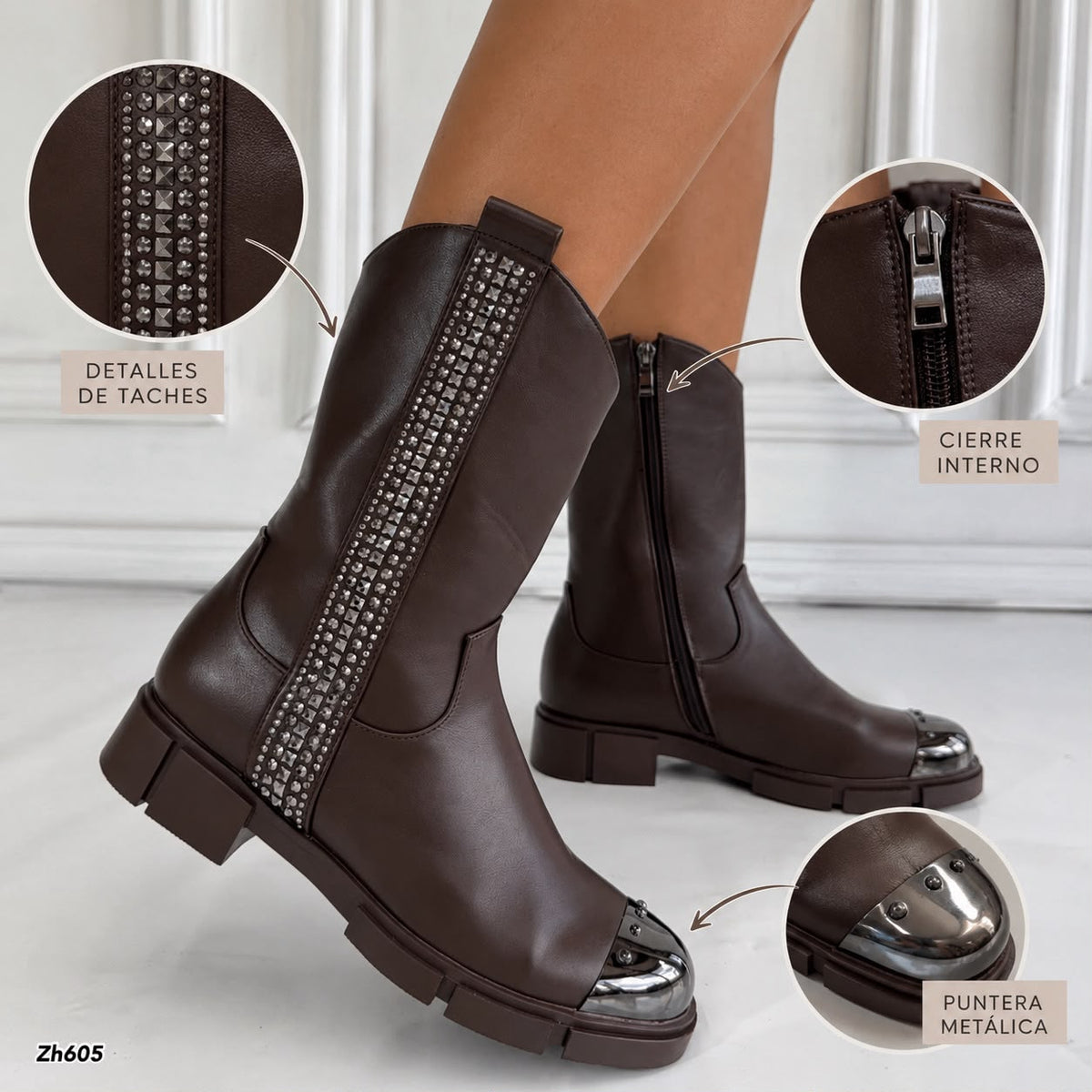 Botin café apliques plateado suela 4cm  HX3128-C1159