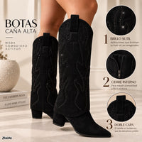 Bota caña alta negro doblez apliques brillante tacon 7cm  HX3360-C1783