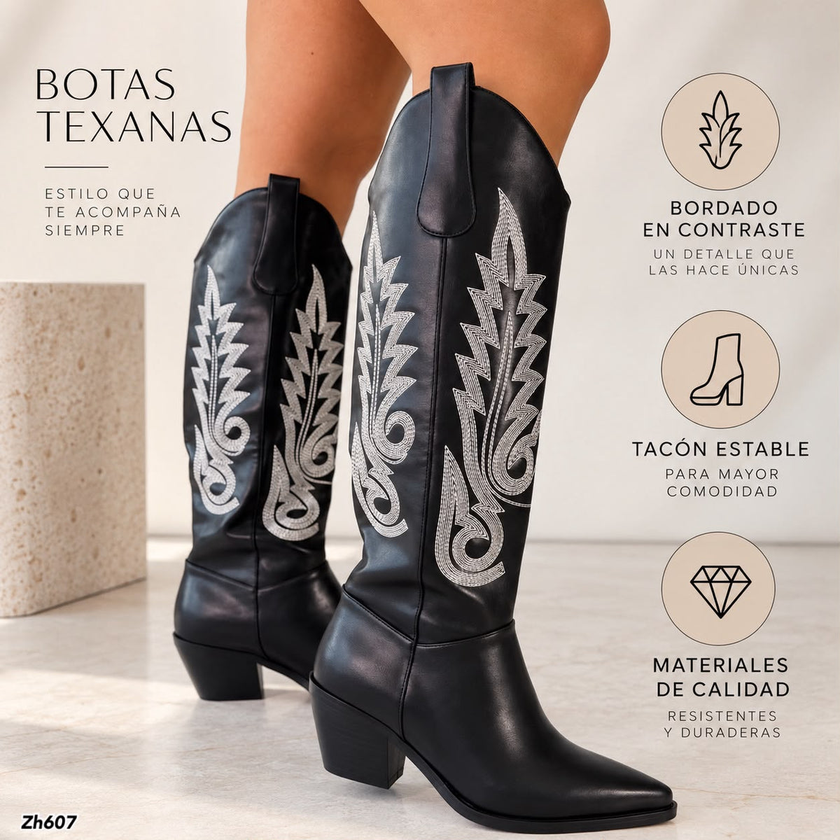 Bota texana negro detalles blanco tacon 6cm  HX3168-C1773