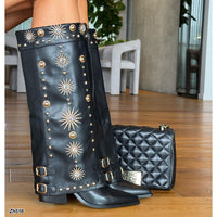 Bota texana negro doblez apliques dorado tacon 8cm  HX3198-B0199