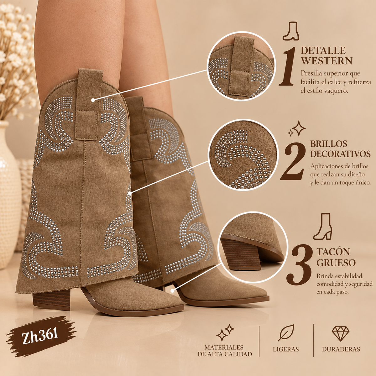 Bota texana beige doblez apliques plateado tacon  8cm  6895-PA  C-126