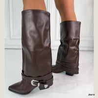 Bota texana café doblez detalle correa hebilla plateado tacon 6cm  HX3325-C1801
