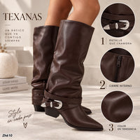 Bota texana café doblez detalle correa hebilla plateado tacon 6cm  HX3325-C1801