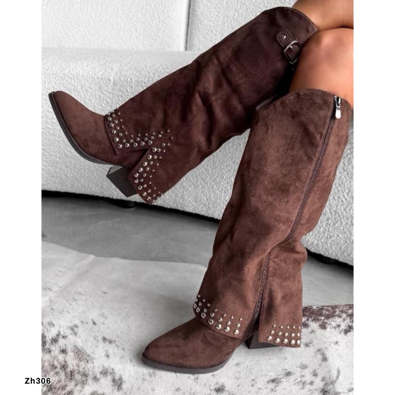 Bota texana café doblez apliques plateado tacon 7cm  BM183  C-114