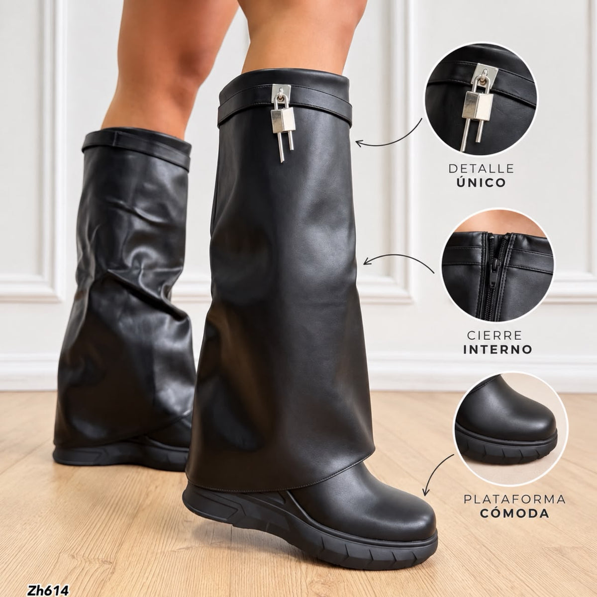 Bota caña alta negro doblez detalle plateado tacon corrido 8cm   HX3090-C1481