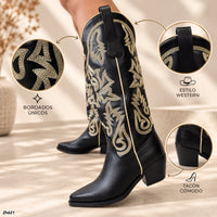 Bota texana negro detalles beige tacon 6cm  HX3168-B0209