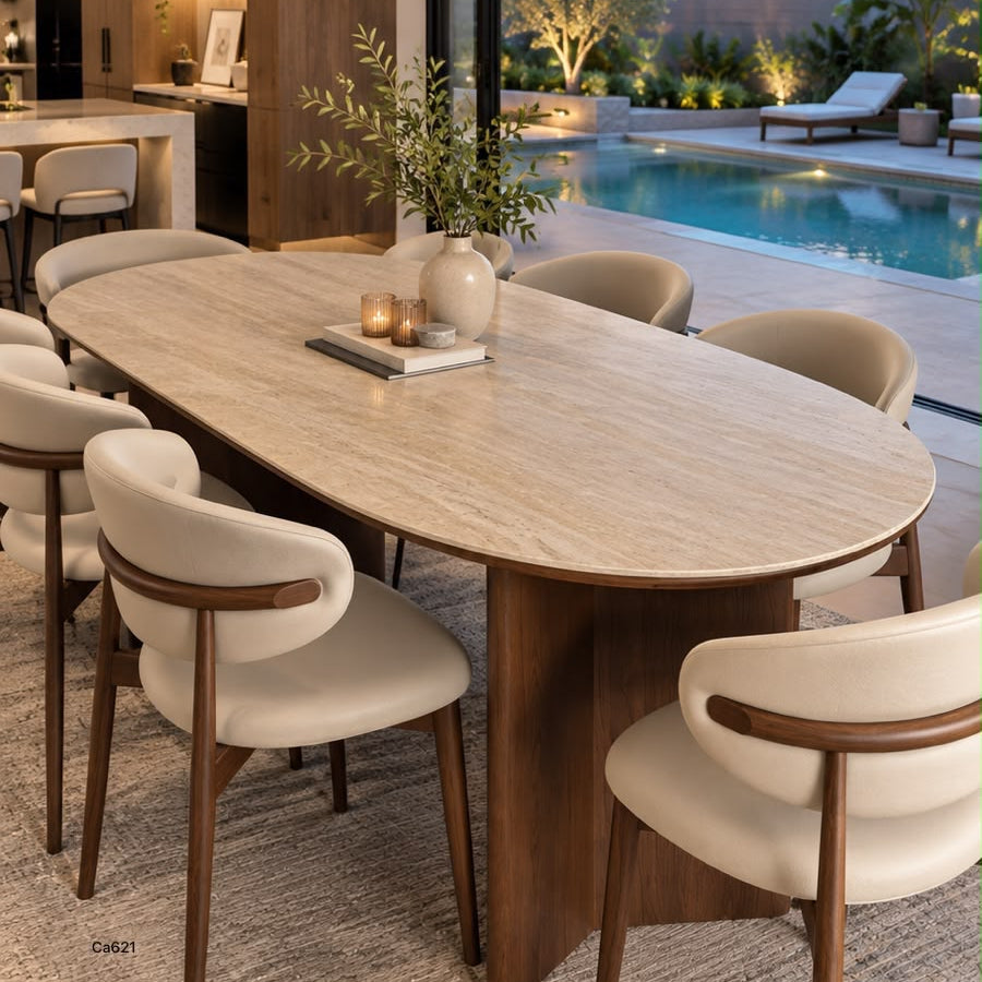 Mesa comedor beige piedra sintetizada base madera   140cm* 80cm* 75cm