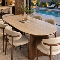 Mesa comedor beige piedra sintetizada base madera   140cm* 80cm* 75cm