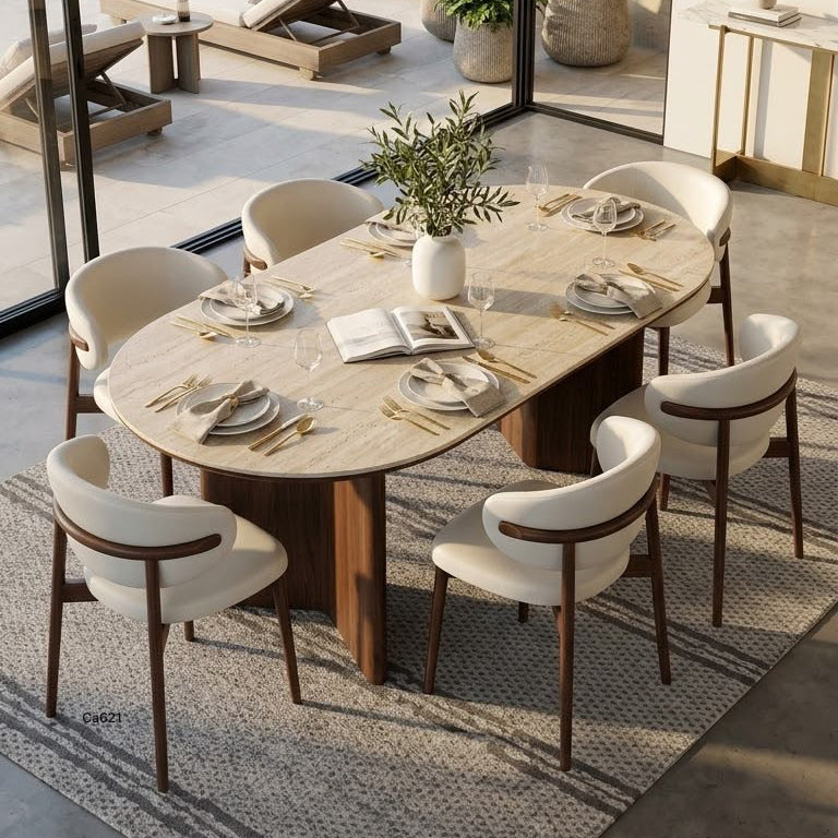 Mesa comedor beige piedra sintetizada base madera   140cm* 80cm* 75cm
