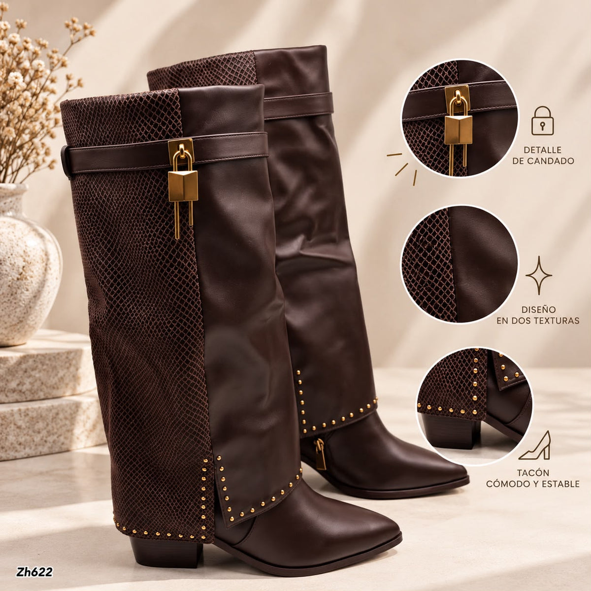Bota texana café doblez textura apliques dorado tacon 8cm  HX3191-C1793