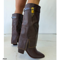 Bota texana café doblez textura apliques dorado tacon 8cm  HX3191-C1793