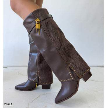 Bota texana café doblez textura apliques dorado tacon 8cm  HX3191-C1793
