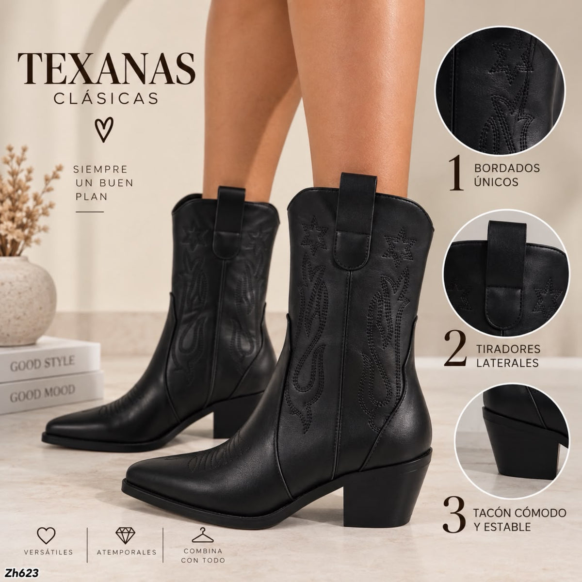 Botin texano negro tacon 6cm  HX3168-C1765