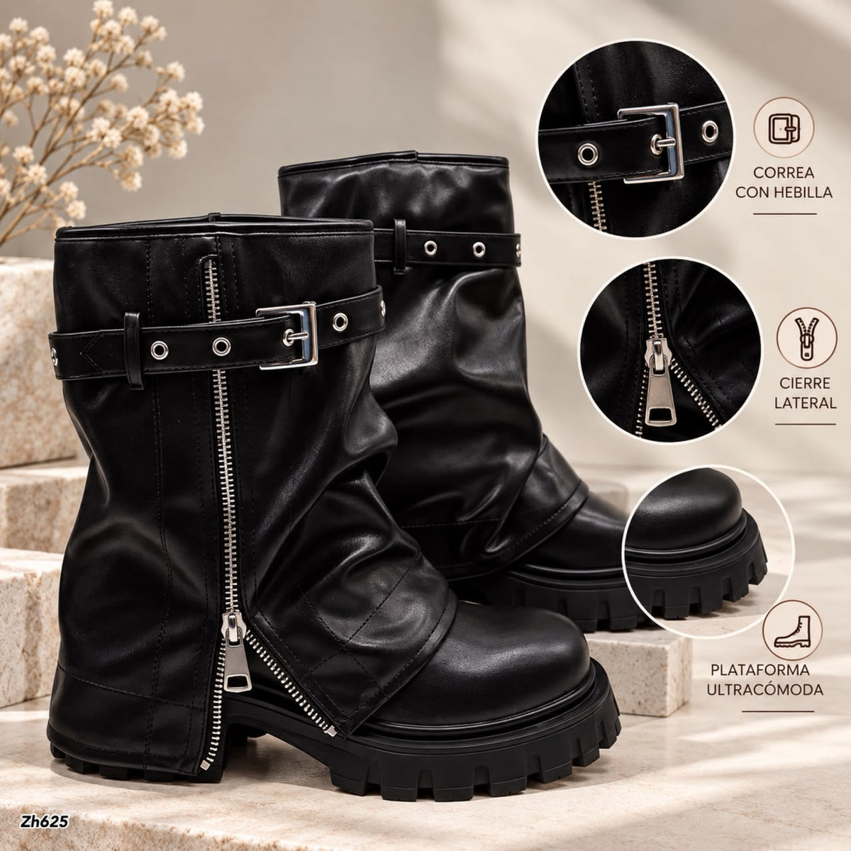 Bota negro doblez detalle cierre y correa plateado suela 5cm   HX3358-B0206