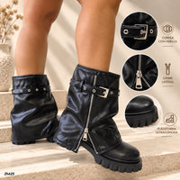 Bota negro doblez detalle cierre y correa plateado suela 5cm   HX3358-B0206