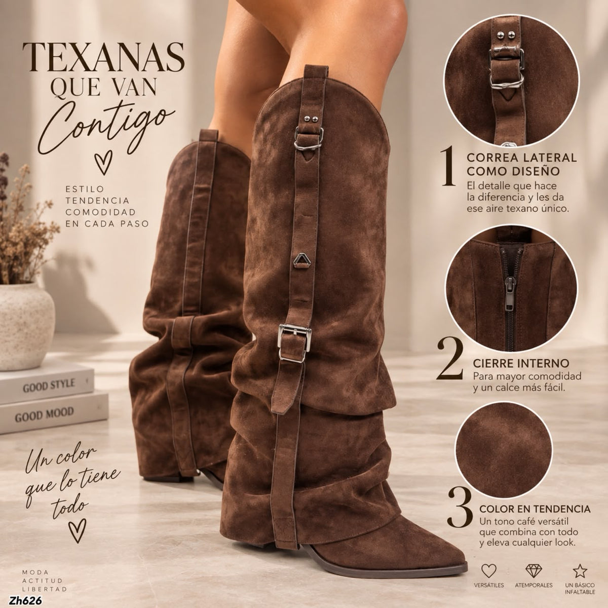 Bota texana café doblez detalle hebilla plomo tacon 8cm  HX3198-B9910