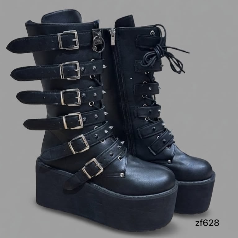 Bota caña media negra apliques puntas plataforma 7cm BOT01C C-1