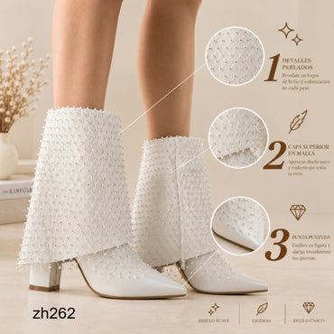 Botin beige doblez malla apliques brillante tacon 9cm   255-022
