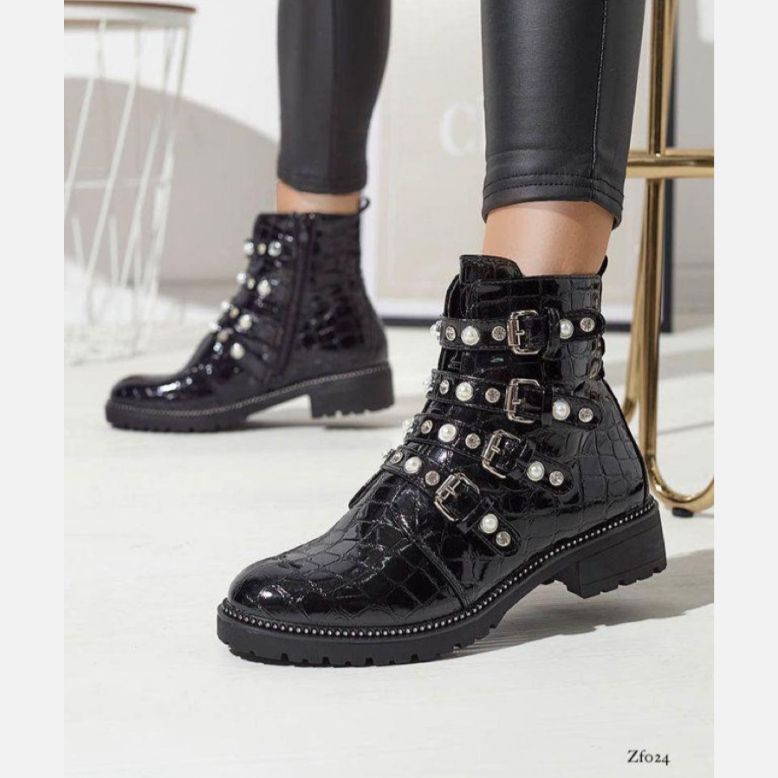 Botin negro aplique perlas textura suela 3cm  FR363   C10