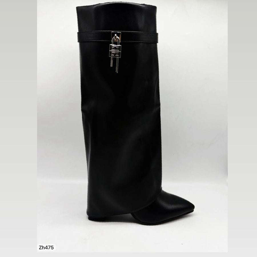 Bota caña alta negro doblez detalle plateado tacon 10cm  HX3079-B9527