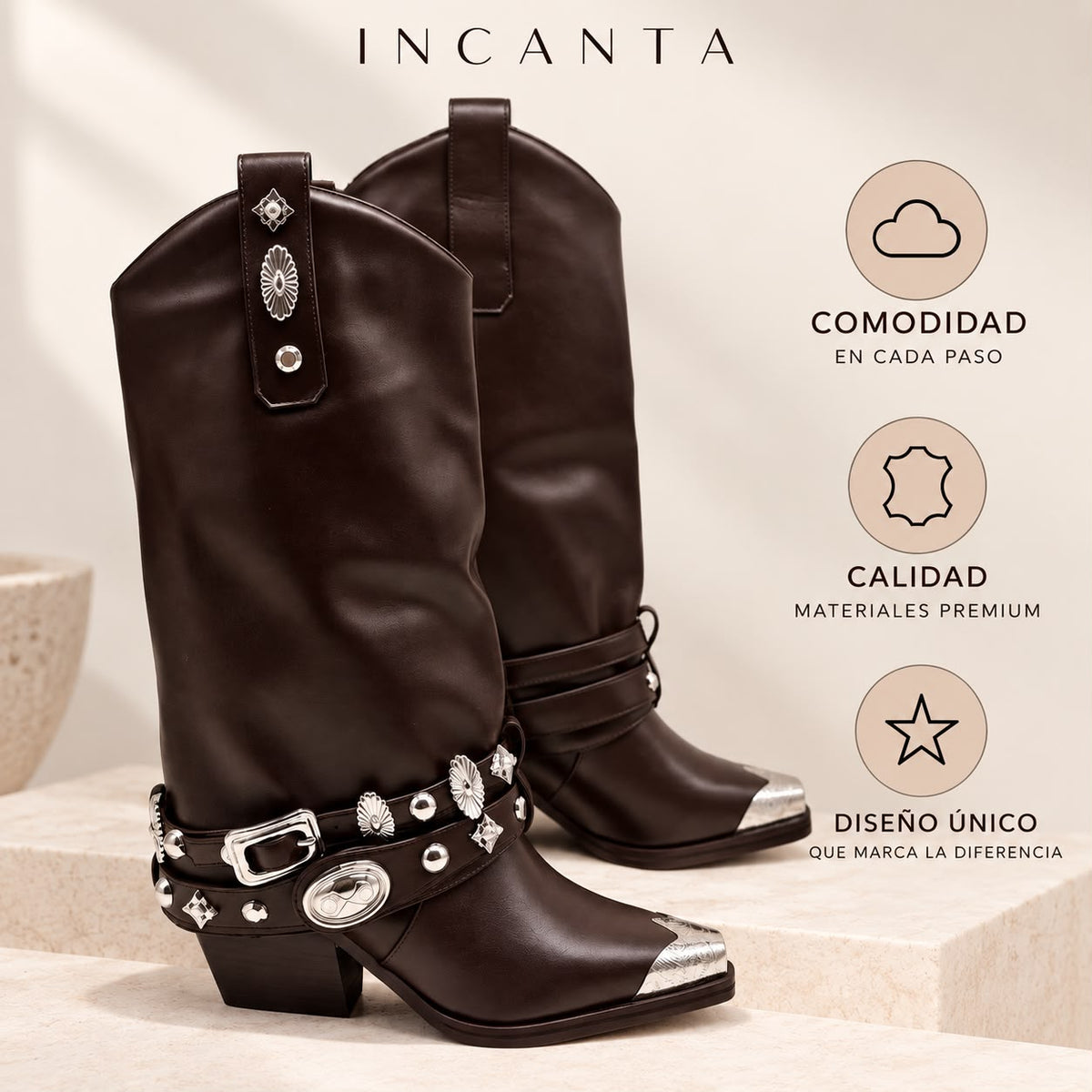 Bota texana café doblez detalle correa plateado tacon 8cm  HX3365-C1791