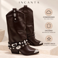 Bota texana café doblez detalle correa plateado tacon 8cm  HX3365-C1791