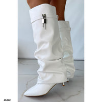 Bota caña alta blanco doblez detalle plateado tacon puntilla 6cm  HX3392-B0227