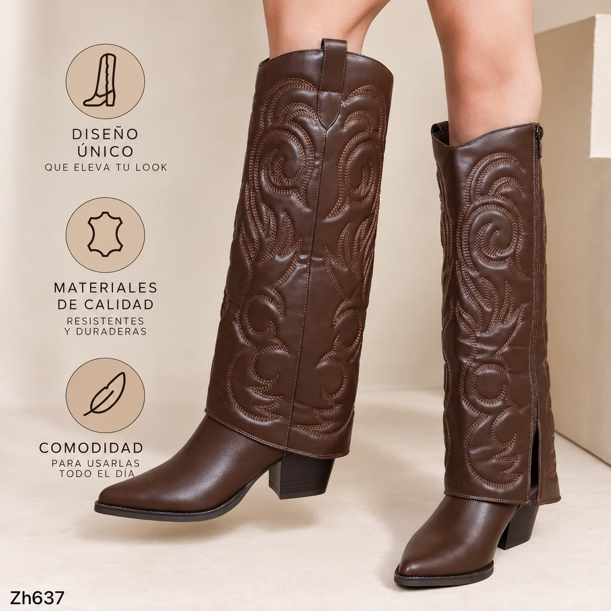 Bota texana café doblez detalles tacon 7cm  HX3157-B9545