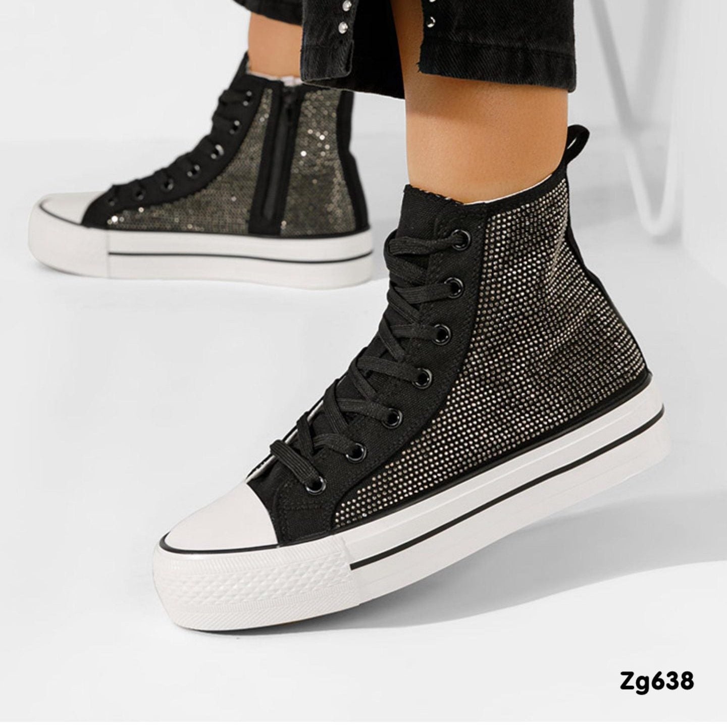 Tenis negro apliques plateado suela 3cm  EV-301  C-96