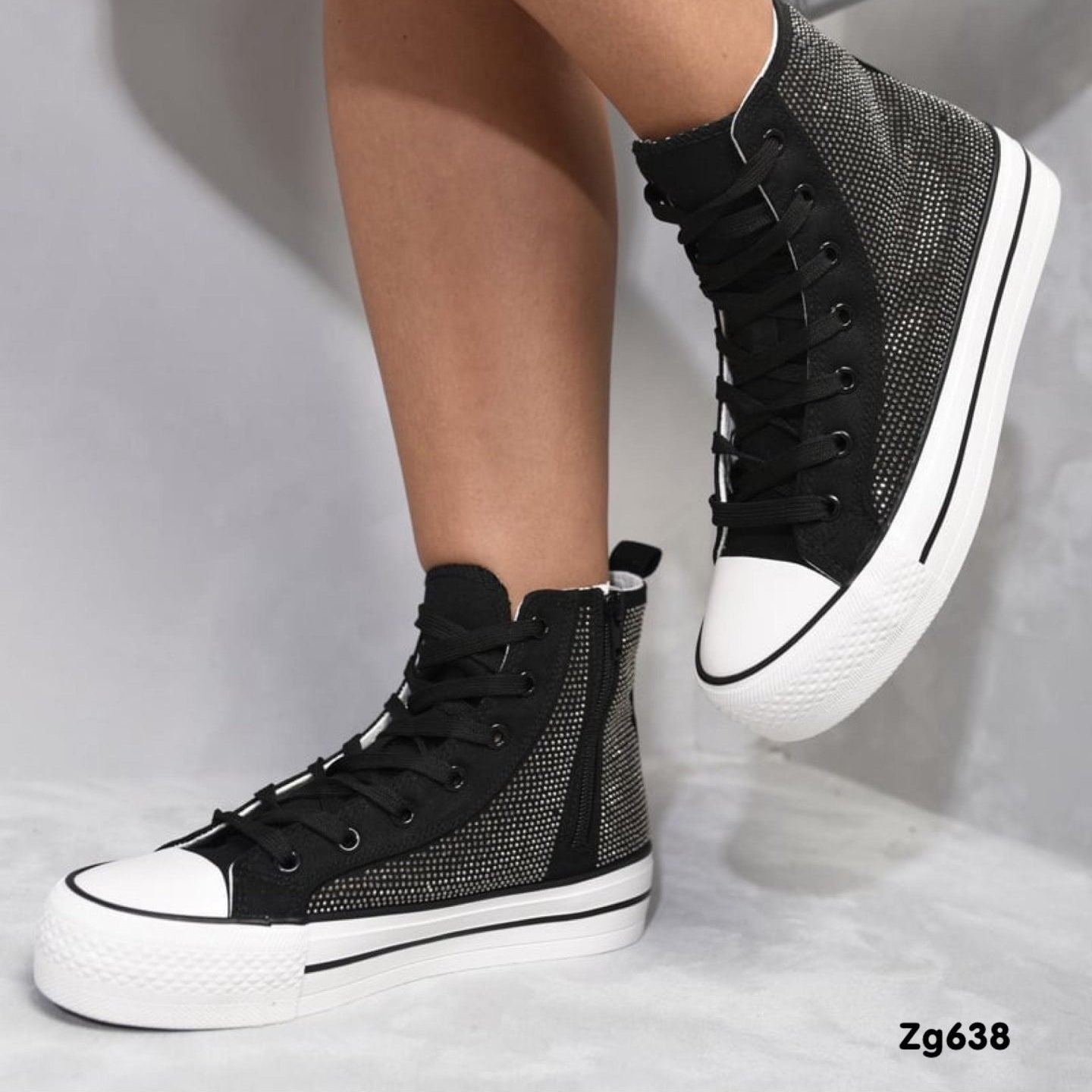 Tenis negro apliques plateado suela 3cm  EV-301  C-96