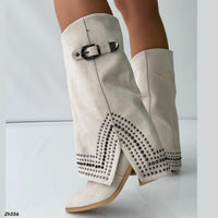 Bota texana beige doblez apliques plomo tacon 8cm  HX2997-B0140