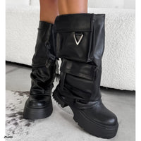 Bota caña media negro doblez detalle bolsillos suela 6cm  K37  C-149
