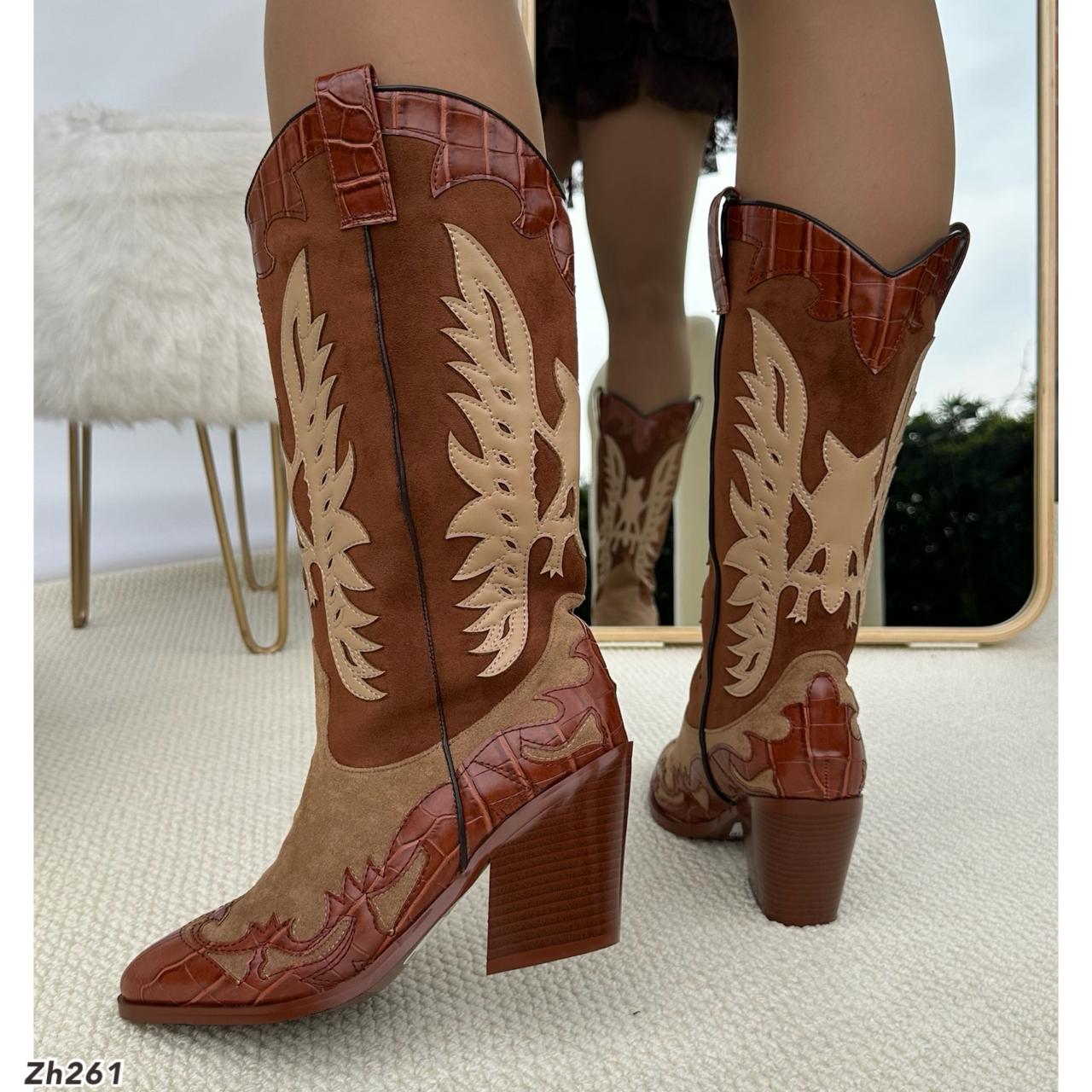 Bota texana café detalles beige tacon 9cm  HX3083-C1188