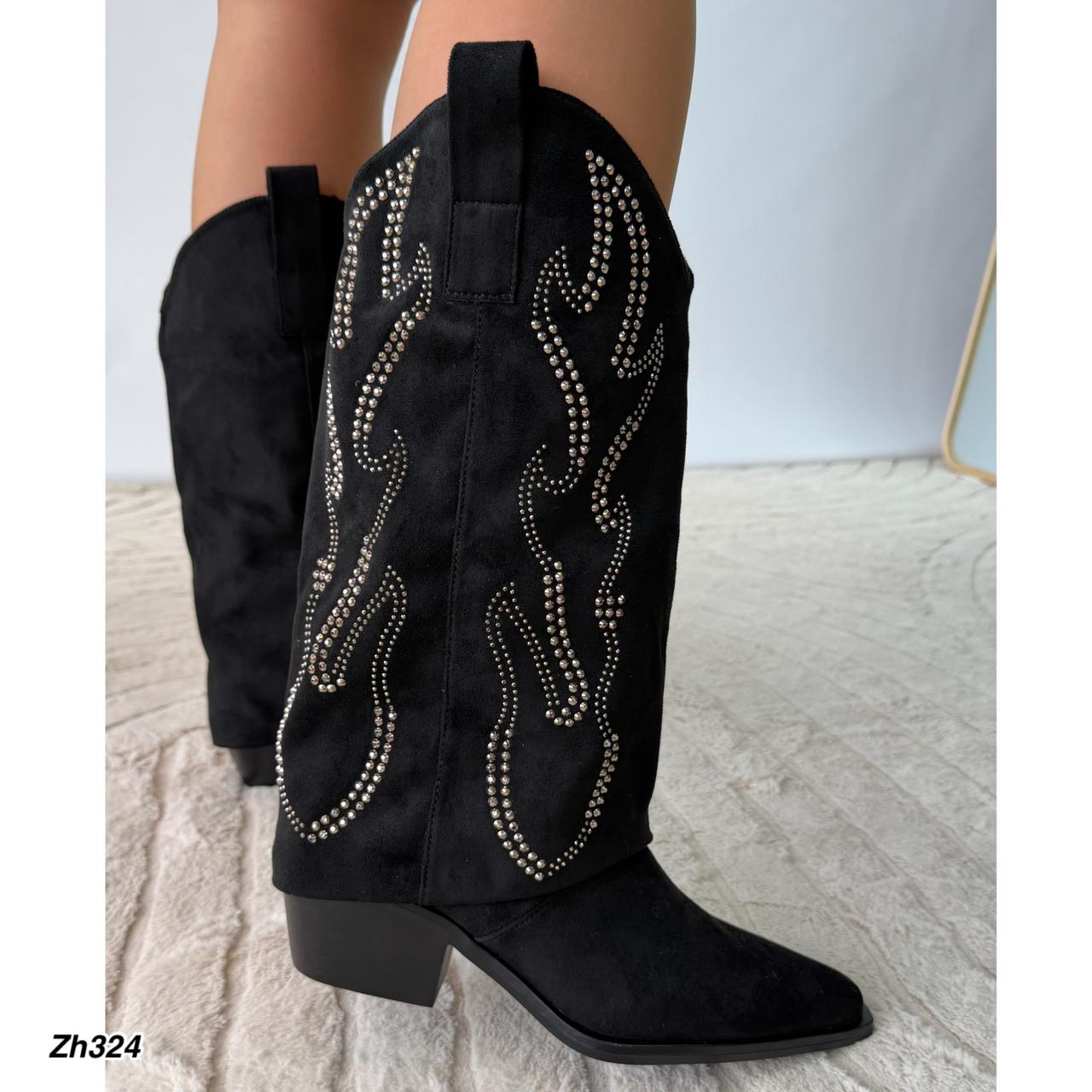 Bota texana negro doblez apliques plateado tacon 6cm  M-825  C-125