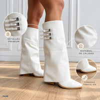 Bota texana blanco doblez broches plateado tacon 8cm    HX3108-B0208
