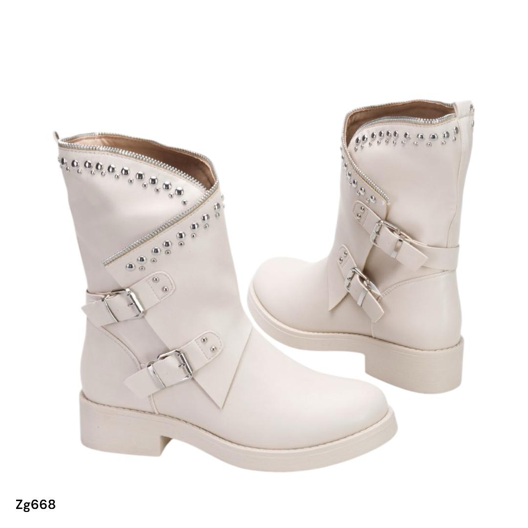 Botin beige apliques plomo detalle correa y cierre suela 3cm  MS1528  C-58
