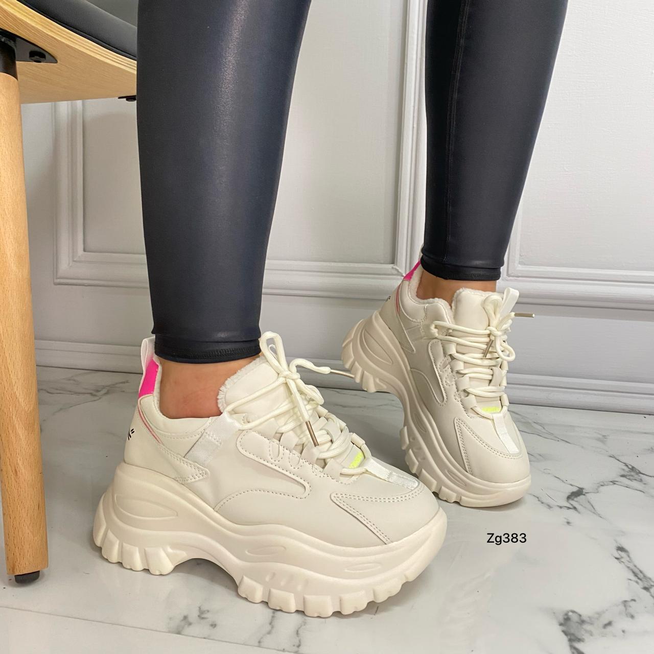 Tenis beige detalle rosado suela 6cm   102  C-2