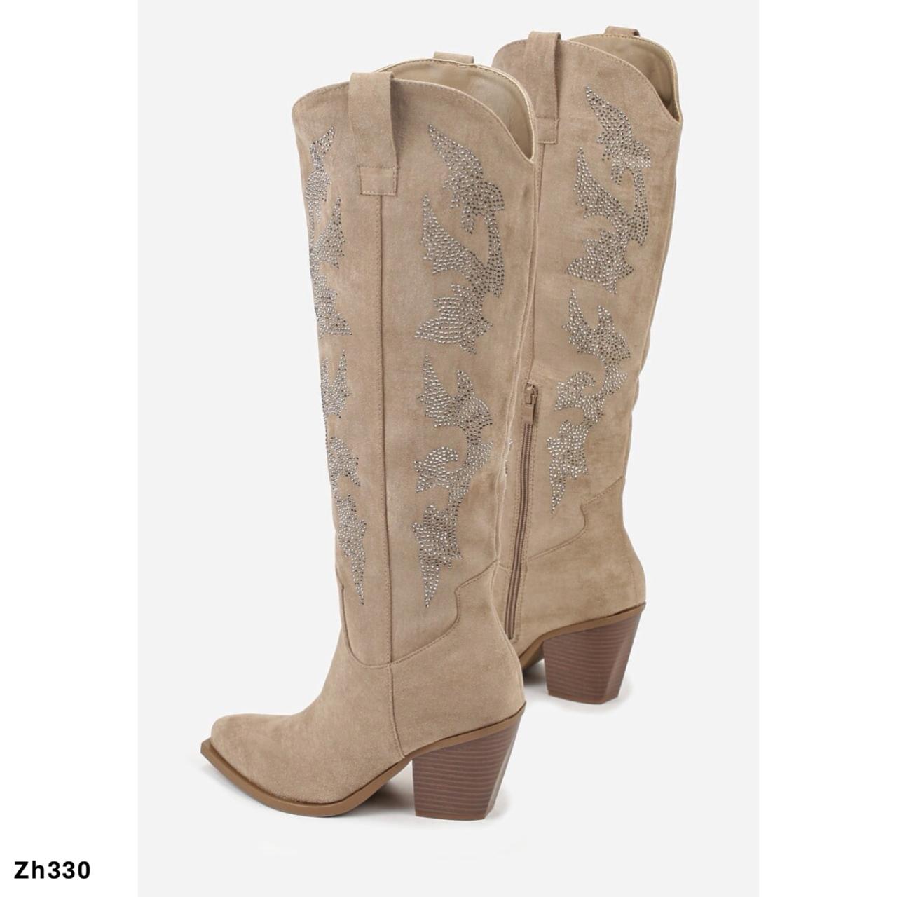 Bota texana beige apliques plateado tacon 8cm  A9829  C-124