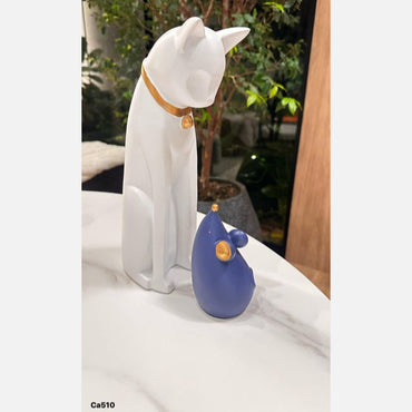 Set gato blanco y raton azul detalle dorado  12cm* 10cm* 30cm  -  8cm* 7cm* 13,5cm